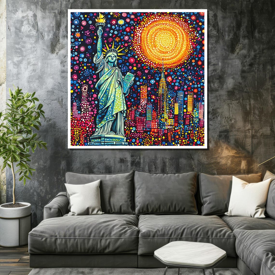 Statue Of Liberty Vibrant Dotwork Painting Over NYC Skyline Poster - Image 2