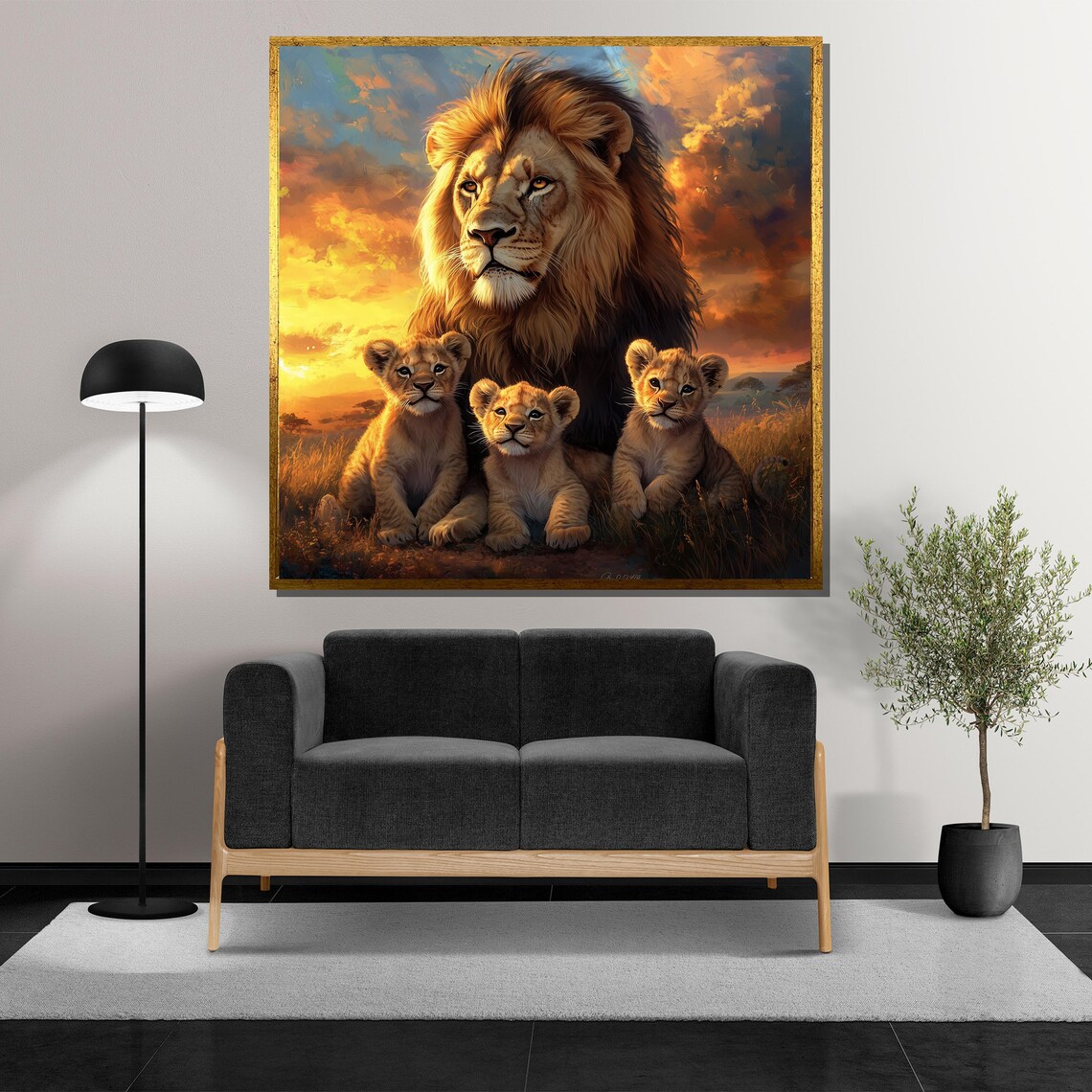 Majestic Lion with Three Cubs in Golden Sunset Savanna Poster - Image 5