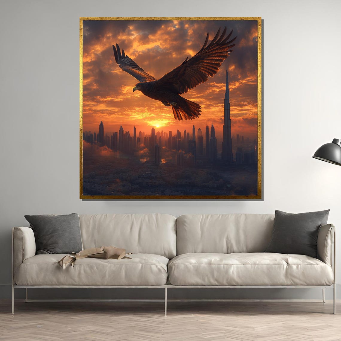 Eagle Soaring Over Dubai Skyline at Fiery Sunset Clouds Poster