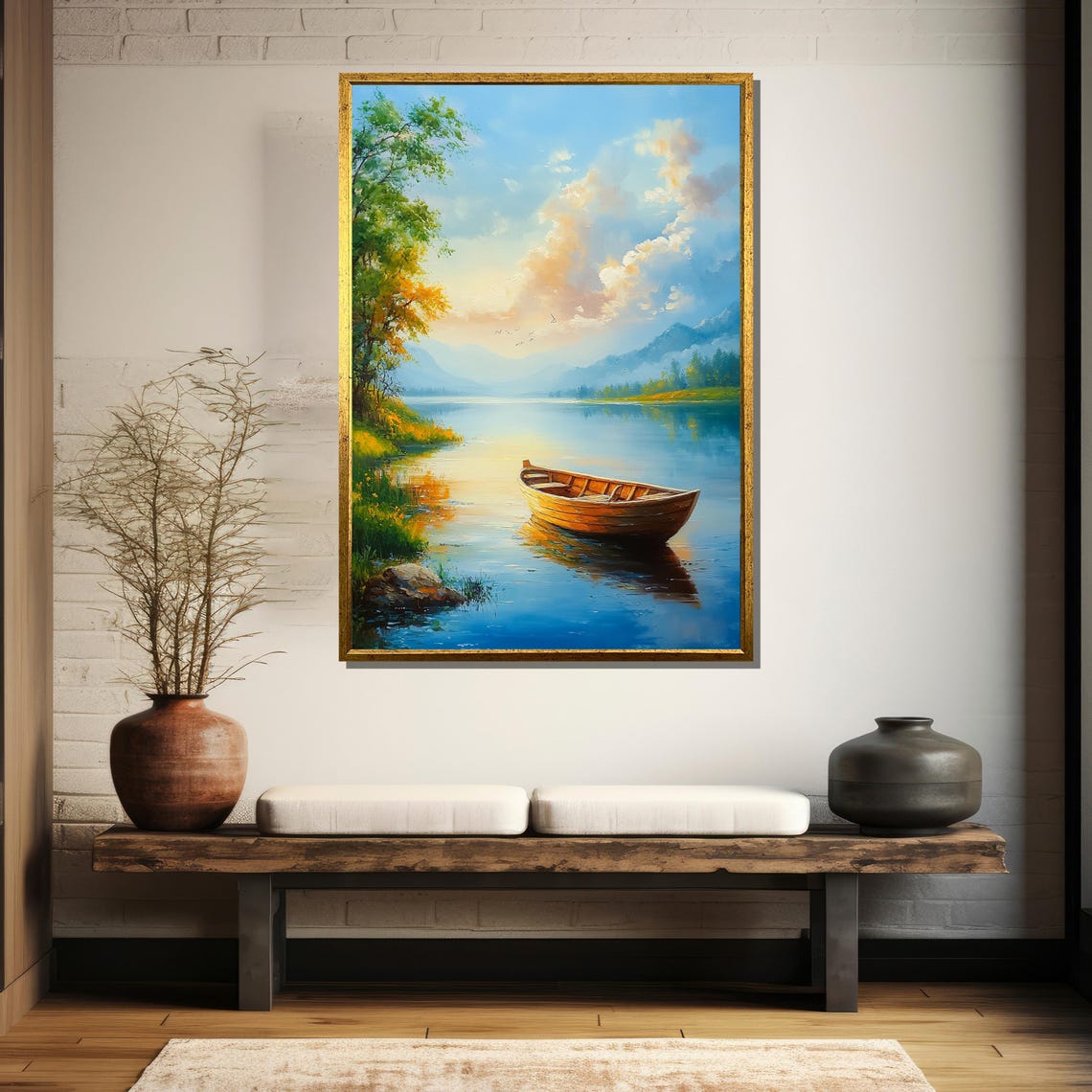 Serenity On Water Tranquil Landscape Painting Gift With Boat At Sunset - Image 5