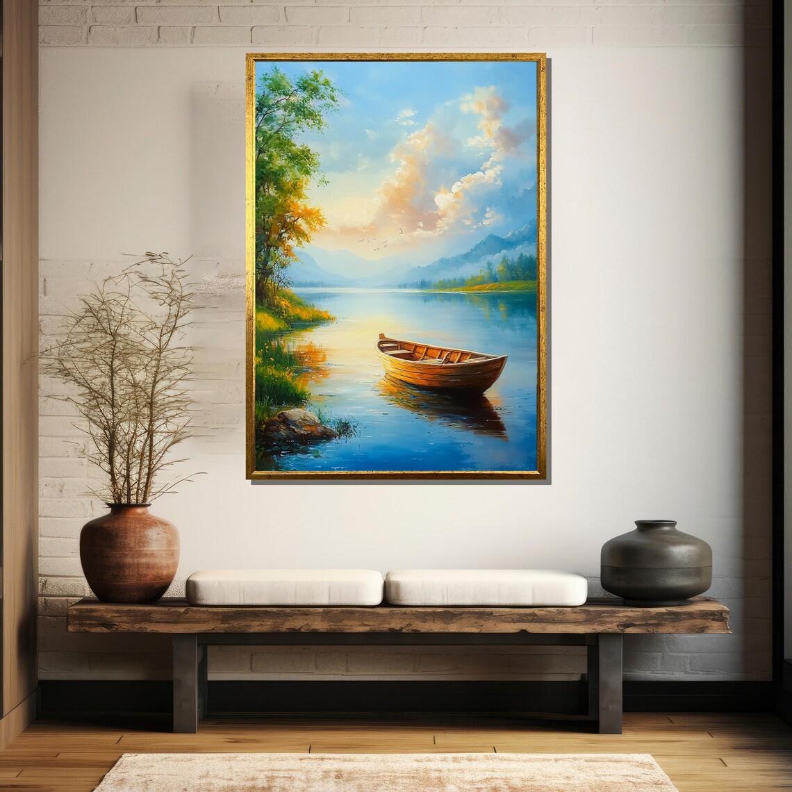 Wooden Rowboat On Calm Mountain Lake Sunrise Landscape Poster - Image 5
