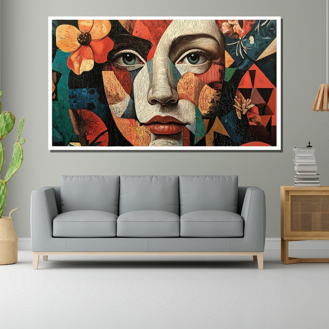Cubist Woman Portrait with Orange Flower in Geometric Pop Style Poster - Image 2
