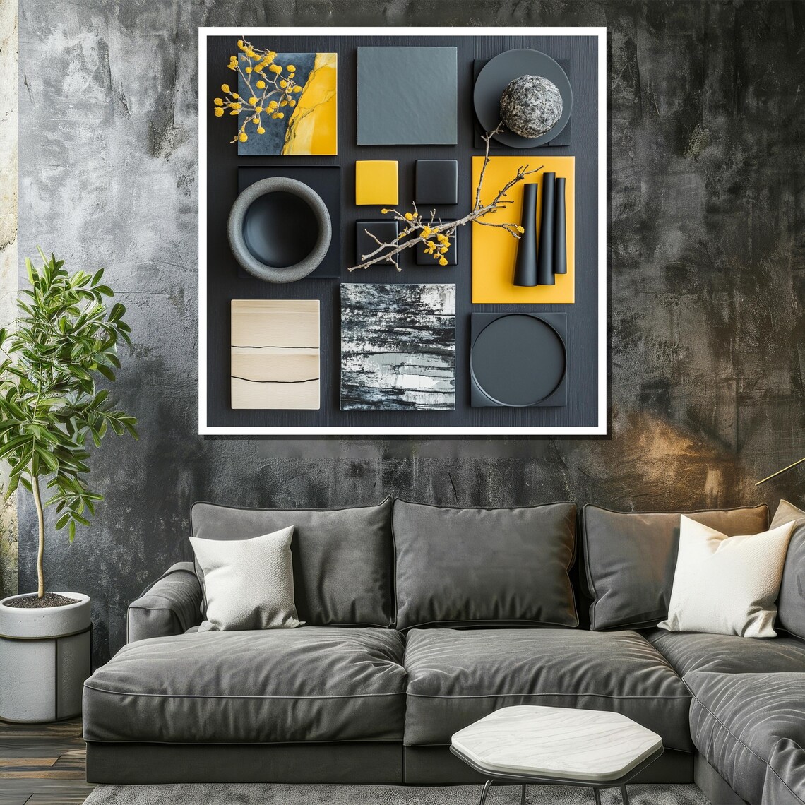 Black and Yellow Modern Geometric Mood Board Botanical Poster - Image 2