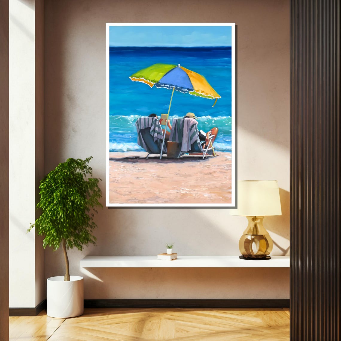 Couple Relaxing Under A Colorful Umbrella Seaside Scene Poster - Image 2
