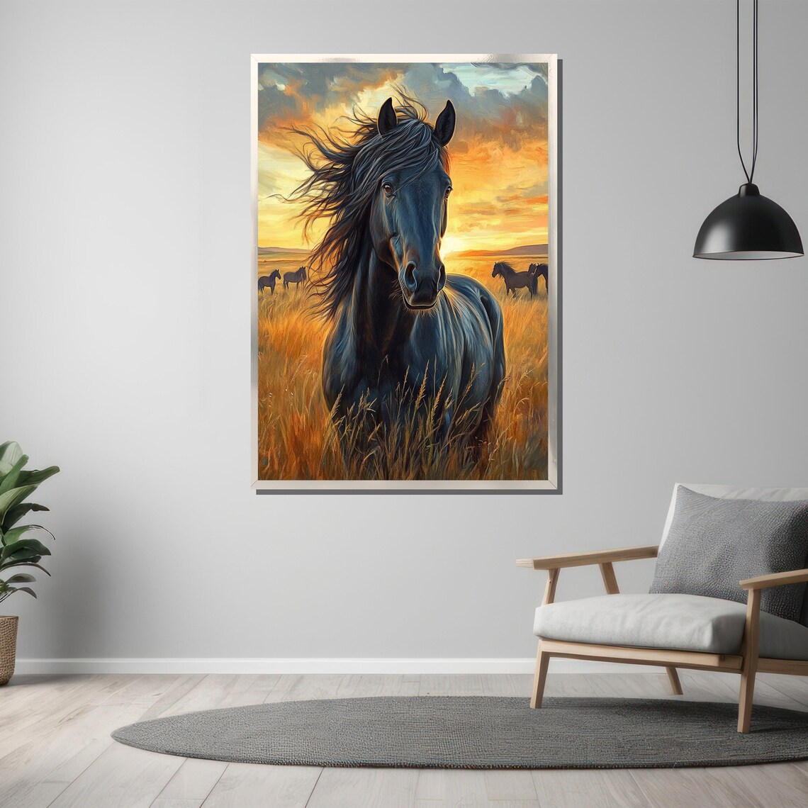 Majestic Black Horse At Sunset In A Golden Meadow Painting Poster - Image 3