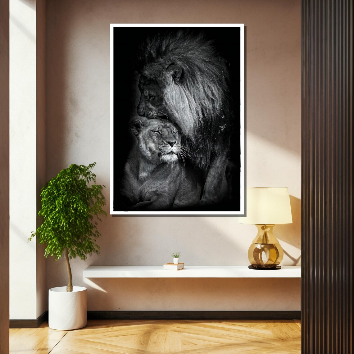 Black And White Lion Couple In Tender Nuzzle Intimate Wildlife Poster - Image 2
