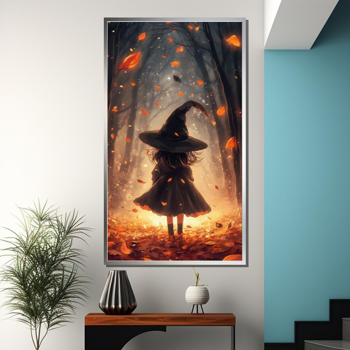 Little Witch Walking Through Autumn Leaves in Glowing Forest Poster - Image 3