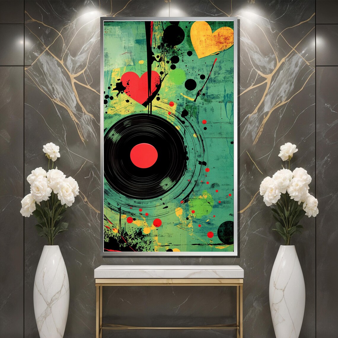 Vinyl Record with Hearts in Teal Street Art for Music Lovers Poster - Image 3