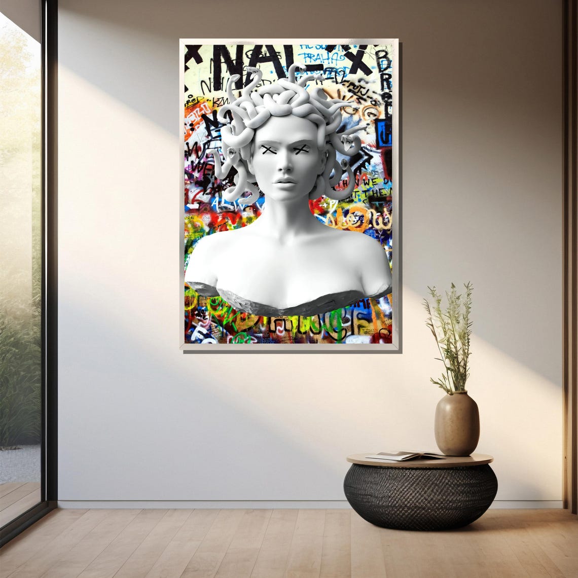 Medusa Marble Bust With Crossed Eyes On Graffiti Background Poster - Image 3