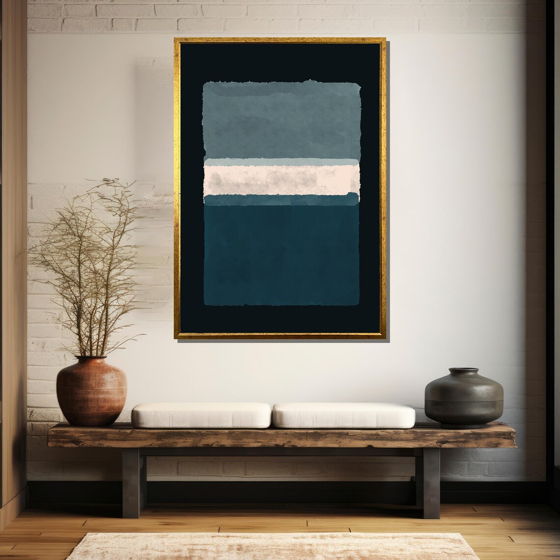 Calming Teal And Gray Watercolor Blocks On Black Abstract Poster - Image 5