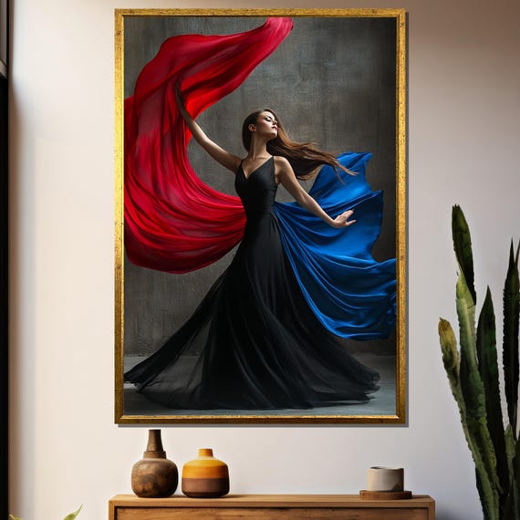 Dynamic Dance Painting Vibrant Red And Blue Flowing Dress Art Gift For Dance Enthusiasts