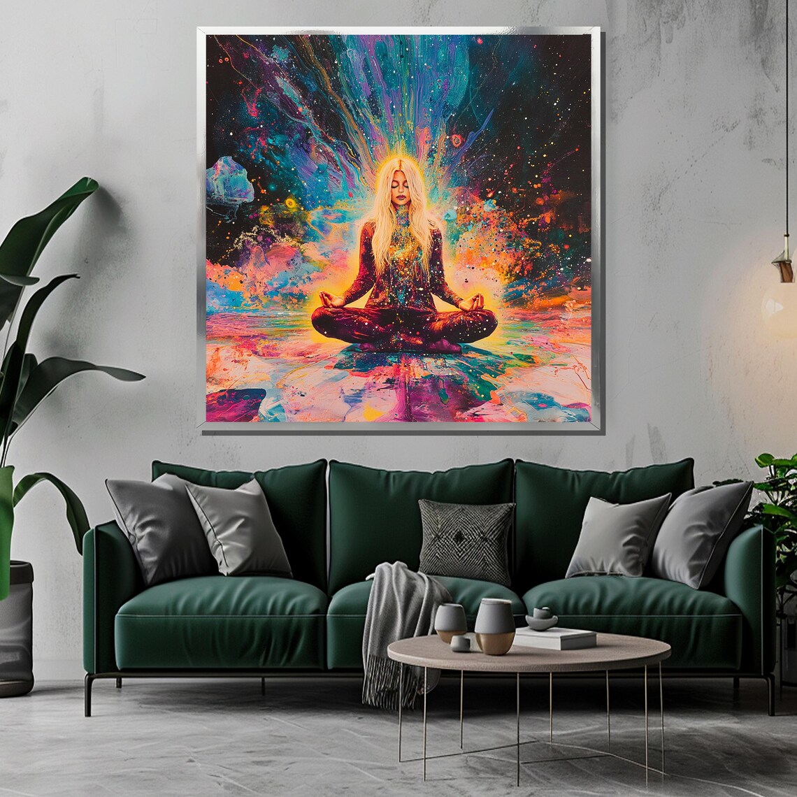 Blonde Woman Meditating In Vibrant Cosmic Energy Burst Poster - Image 3