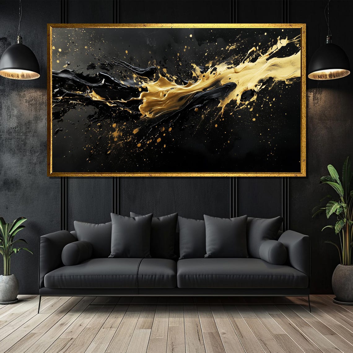Black And Gold Splash Abstract Painting Luxury Modern Poster
