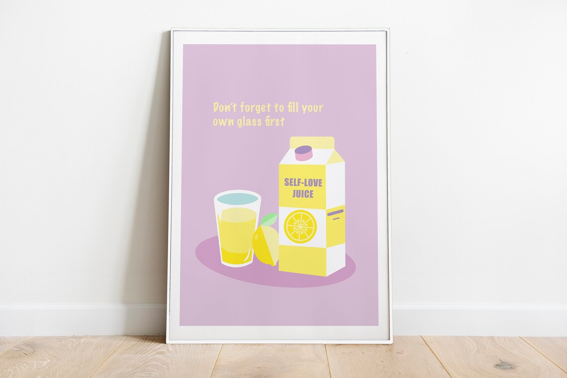 Self Love Juice Carton Quote Art Pink Lemonade Self Care Poster