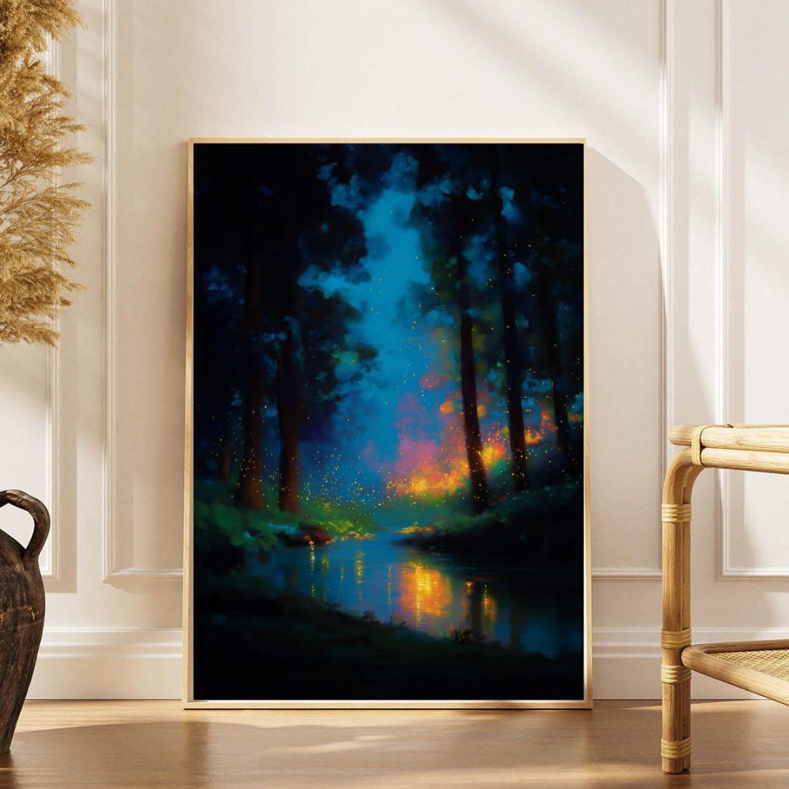 Firefly Forest Night Magical Glowing River Impressionist Wall Art