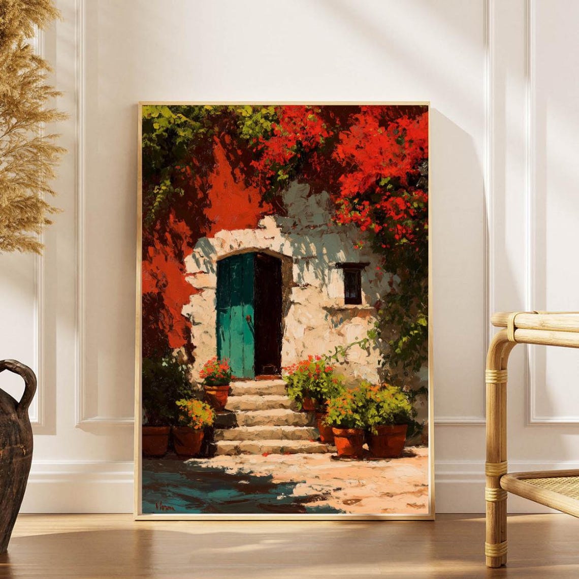 Rustic Mediterranean Stone Door Bougainvillea Cottage Wall Art