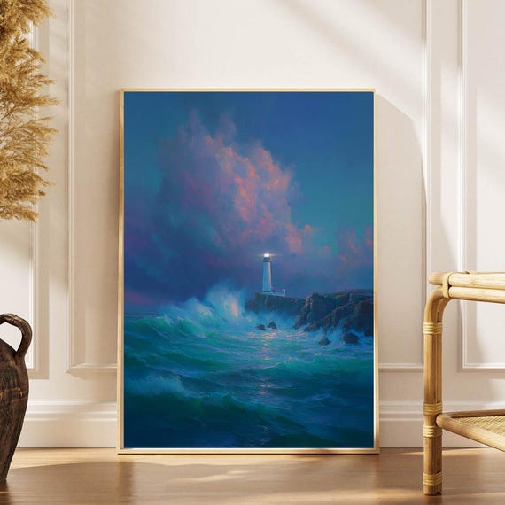 Guiding Light Lighthouse Wall Art Coastal Ocean Waves Beacon Poster