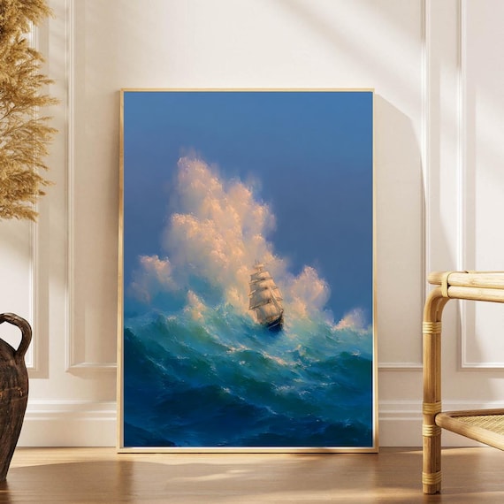 Tall Ship in Stormy Moonlit Seas Dramatic Nautical Ocean Poster