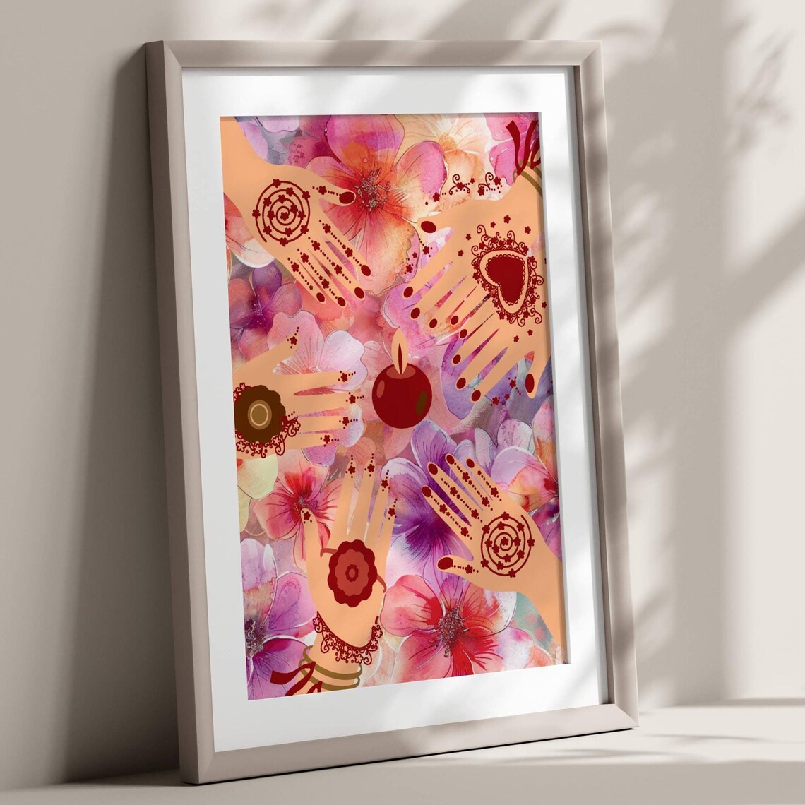 Mehndi Henna Hands Pink Floral Watercolor Indian Bridal Art Poster - Image 4