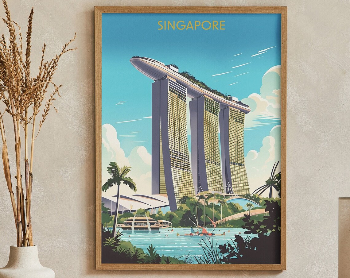 Singapore Marina Bay Sands Iconic Skyscraper Bay Retro Travel Poster