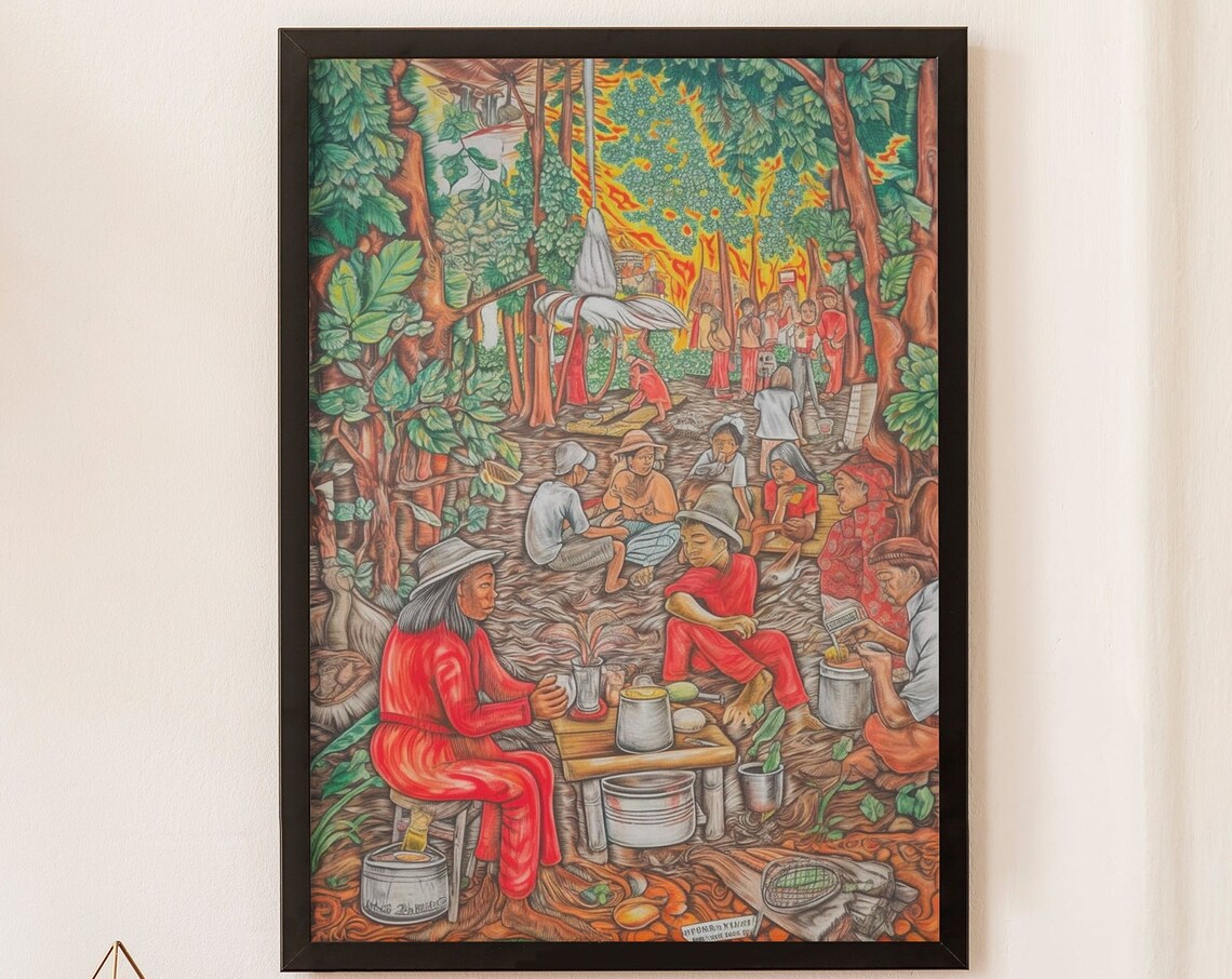 Vietnamese Street Food Folk Art Outdoor Cooking Scene Poster