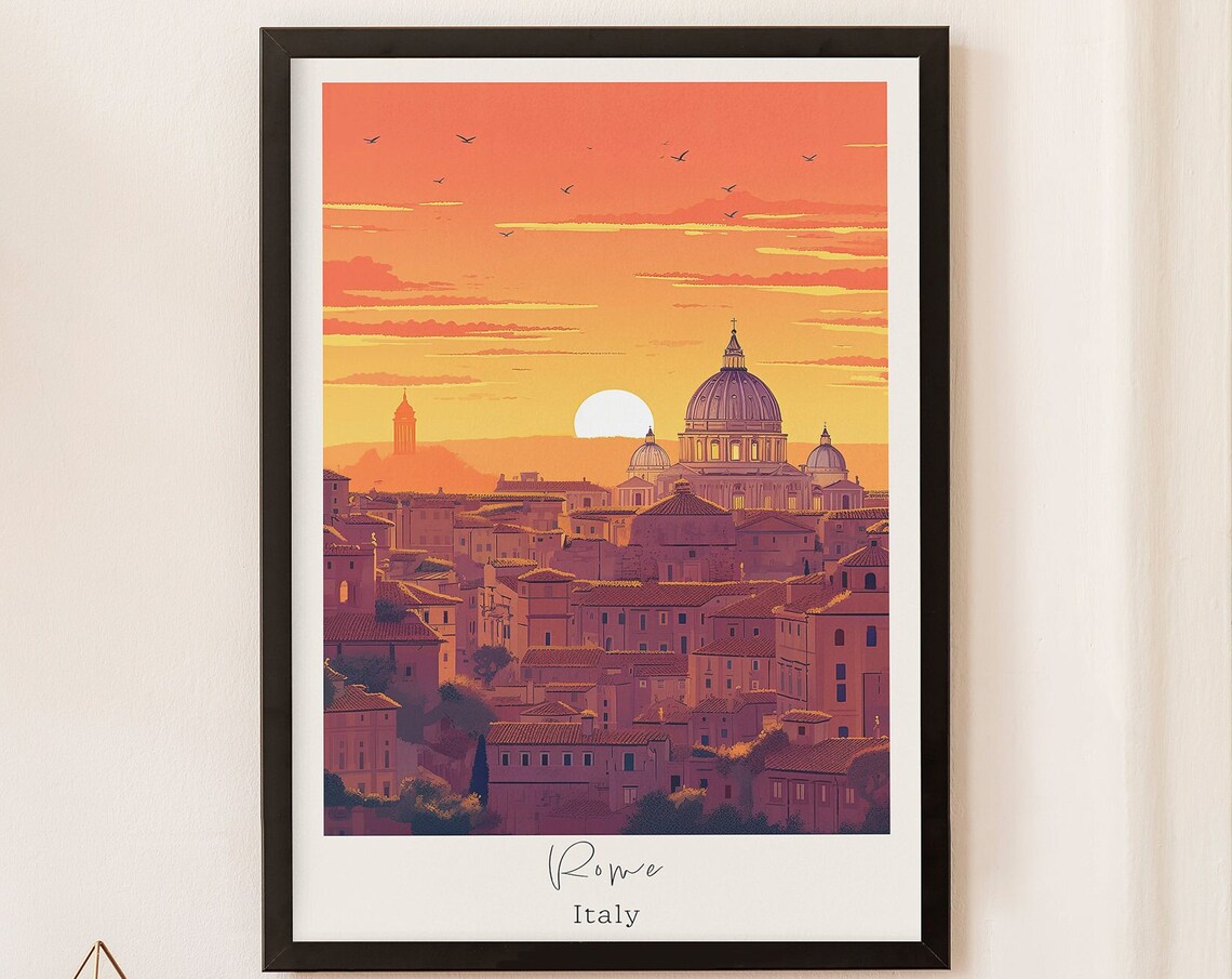 Rome Italy Sunset Skyline St Peter's Basilica Vintage Travel Poster