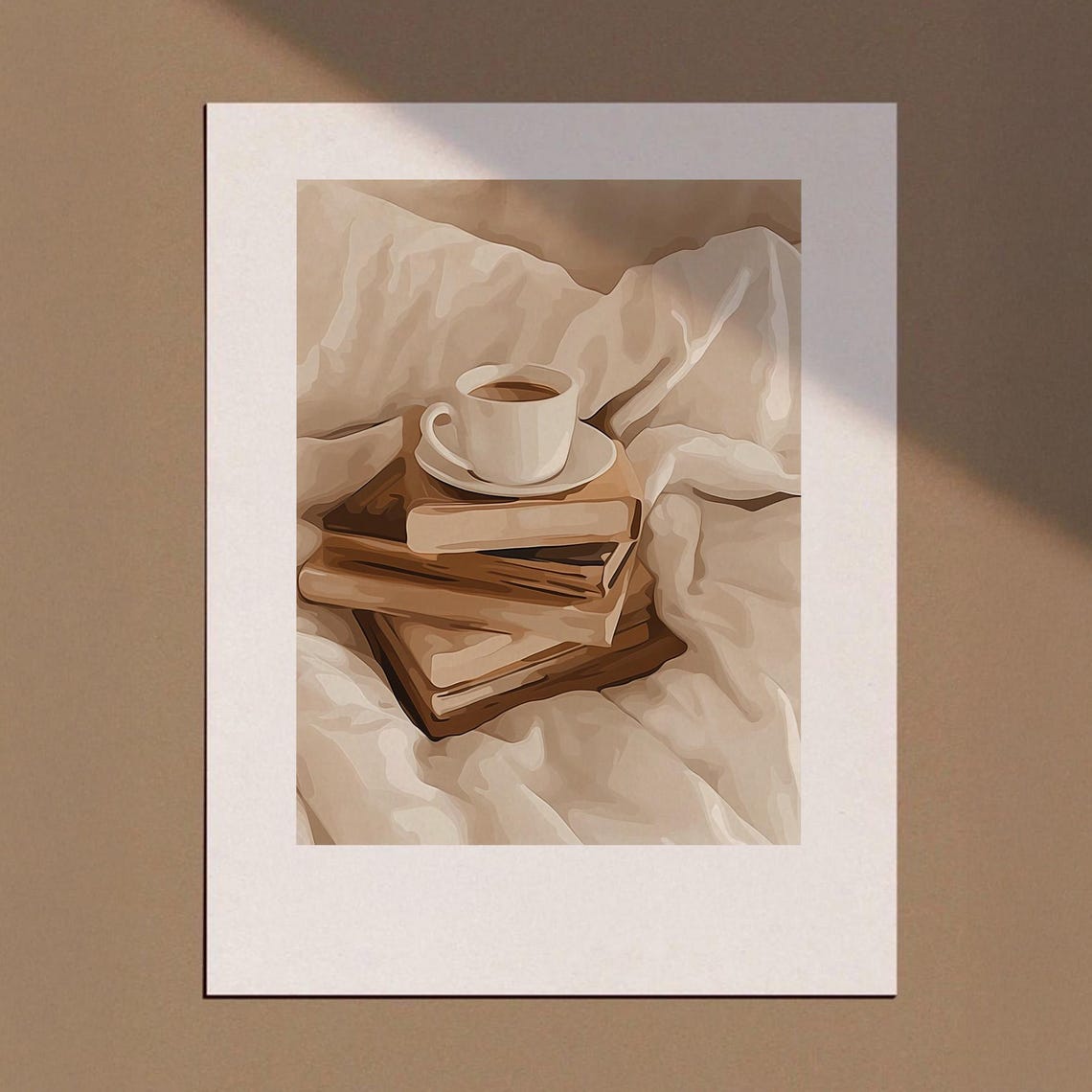Cozy Coffee Cup on Books in Bed Warm Neutral Illustration Poster