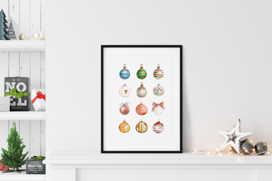 Watercolor Christmas Ornaments Baubles Grid Festive Style Poster - Image 3