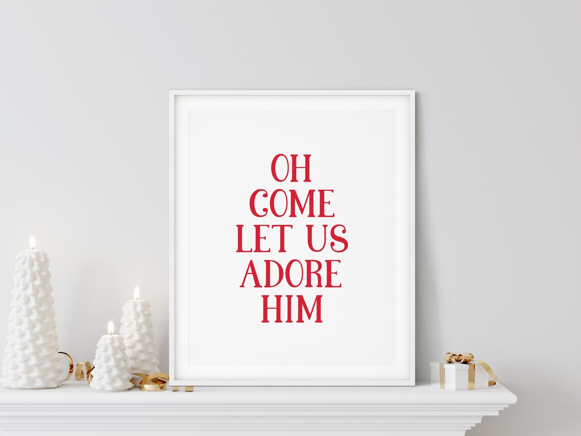 Oh Come Let Us Adore Him Carol Lyric Red Faith Christmas Poster - Image 3