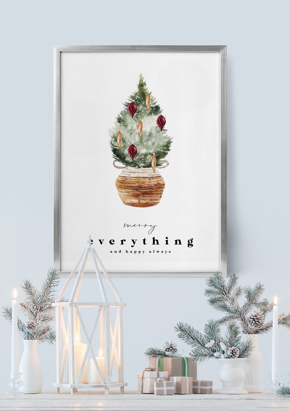 Merry Everything and Happy Always Watercolor Christmas Tree Poster - Image 3