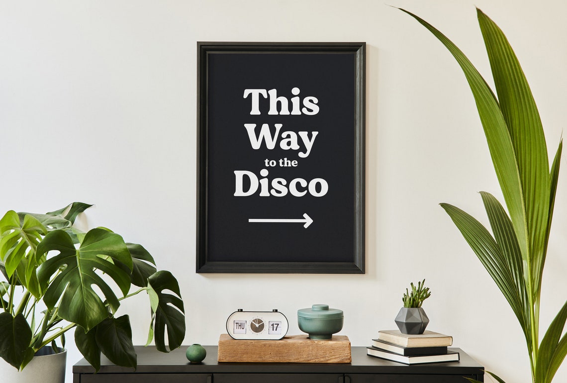 This Way To The Disco Arrow Retro Black And White Typography Poster - Image 4