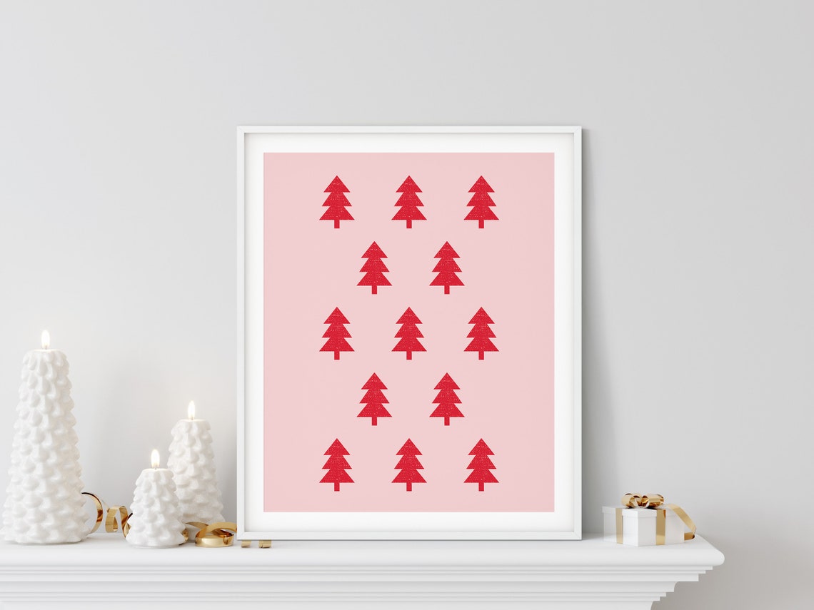 Pink Christmas Red Tree Pattern Scandinavian Minimalist Holiday Poster - Image 5