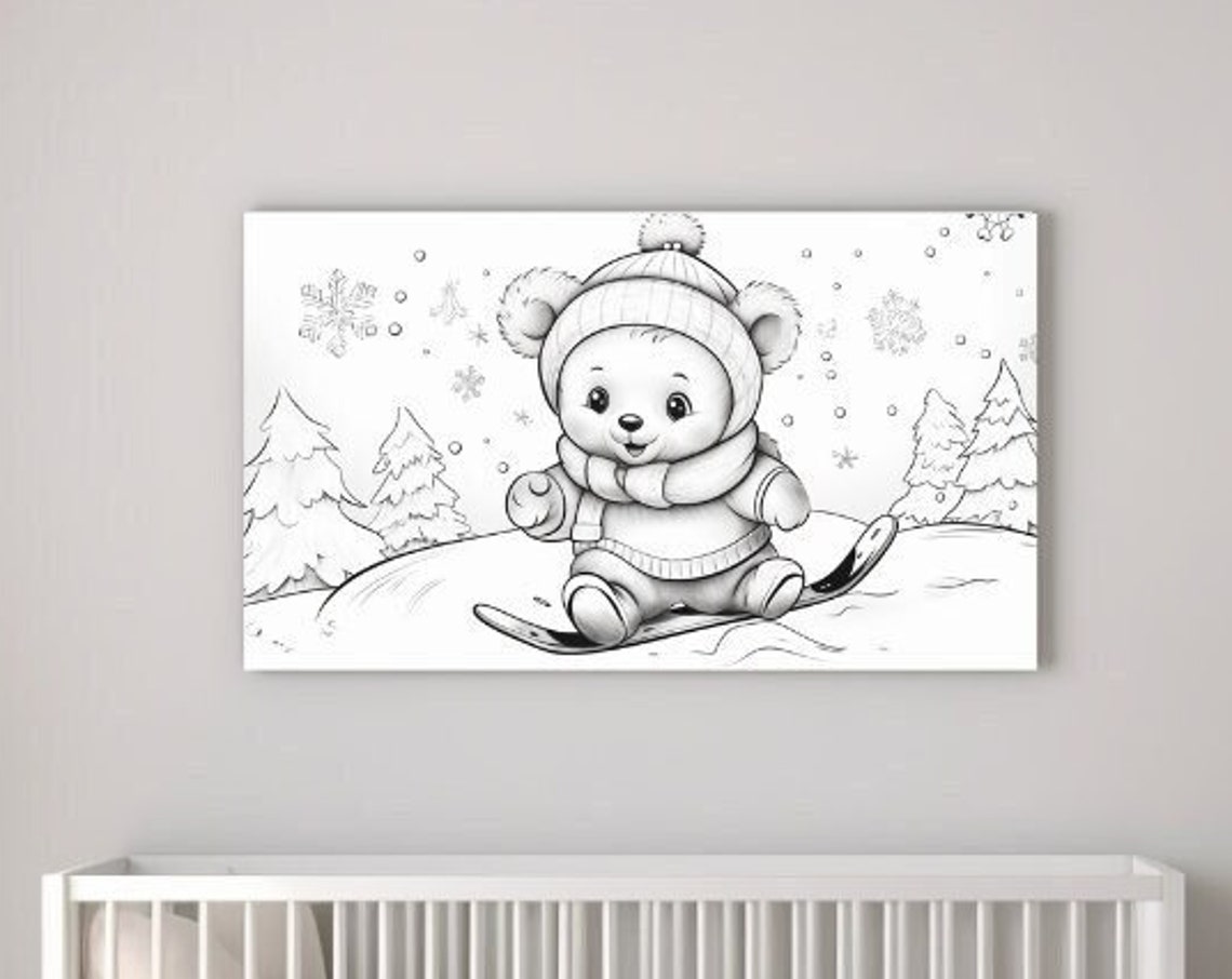 Baby Bear Skiing Snowy Forest Line Art Cute Winter Nursery Poster