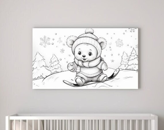Baby Bear Skiing Snowy Forest Line Art Cute Winter Nursery Poster