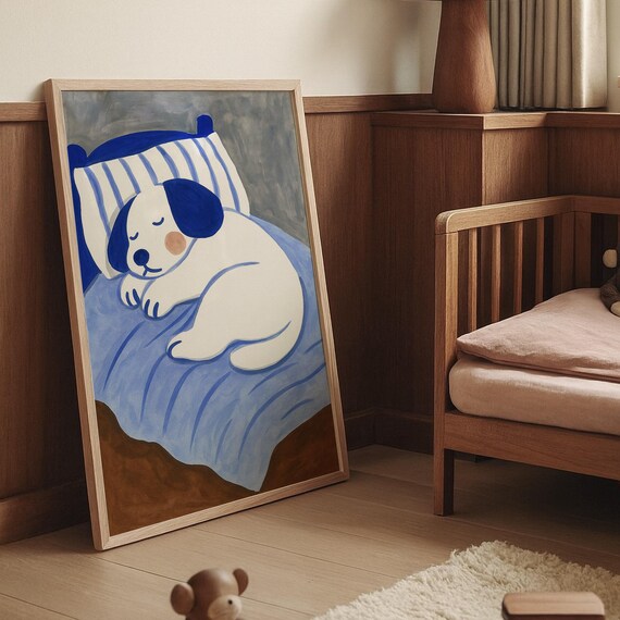 Cute Sleeping Puppy Nursery Blue And White Dog Kids Room Decor Poster