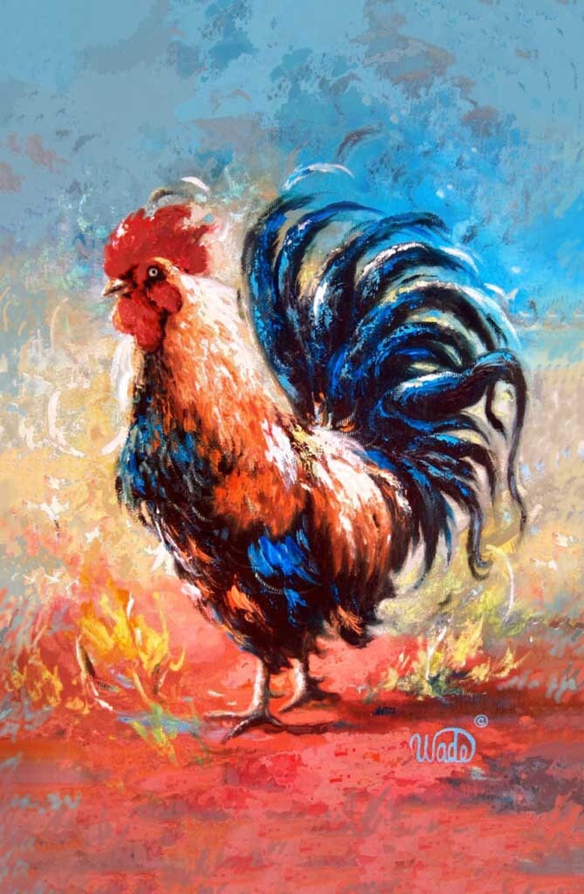 Colorful Rooster Painting with Bold Impressionist Brushwork Poster