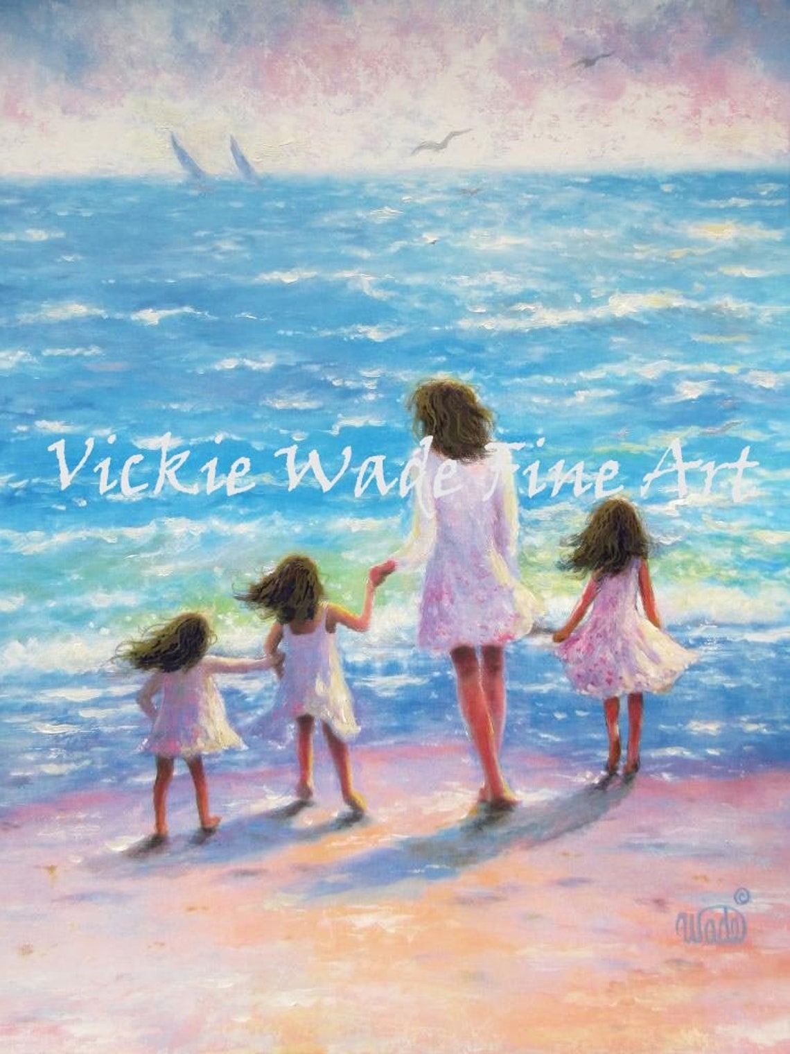 Mother And Three Daughters In White Dresses At Sunset Beach Poster
