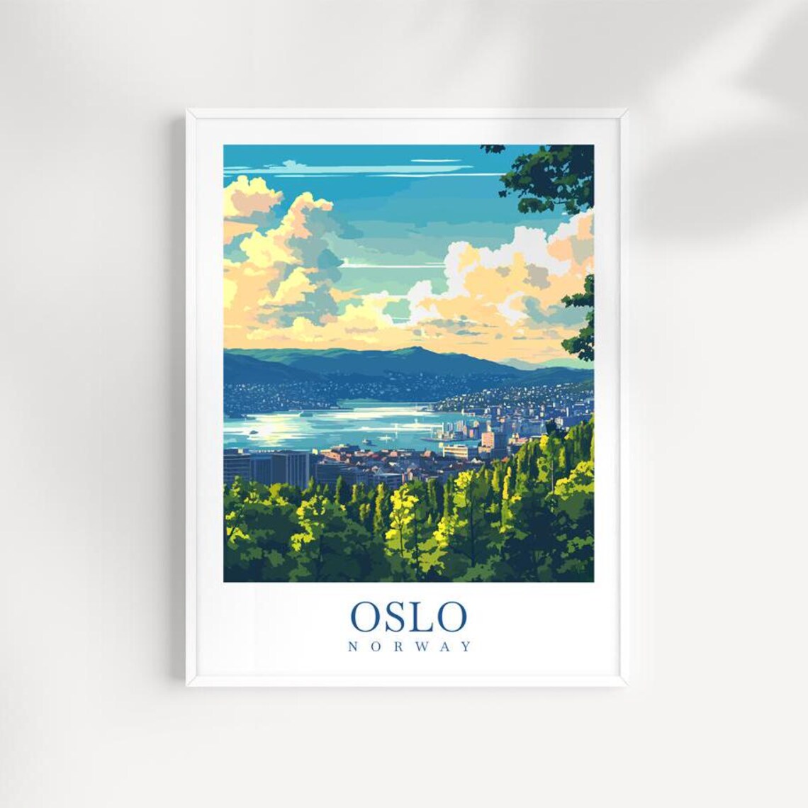 Oslo Norway Fjord Harbor Golden Clouds Vintage Travel Poster