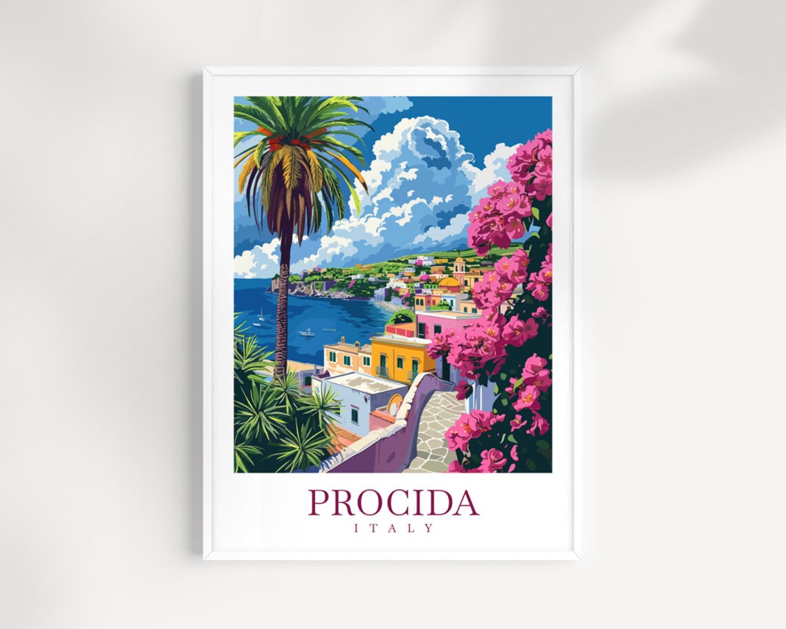 Procida Italy Palm Tree Pink Blooms Island Bay Travel Poster