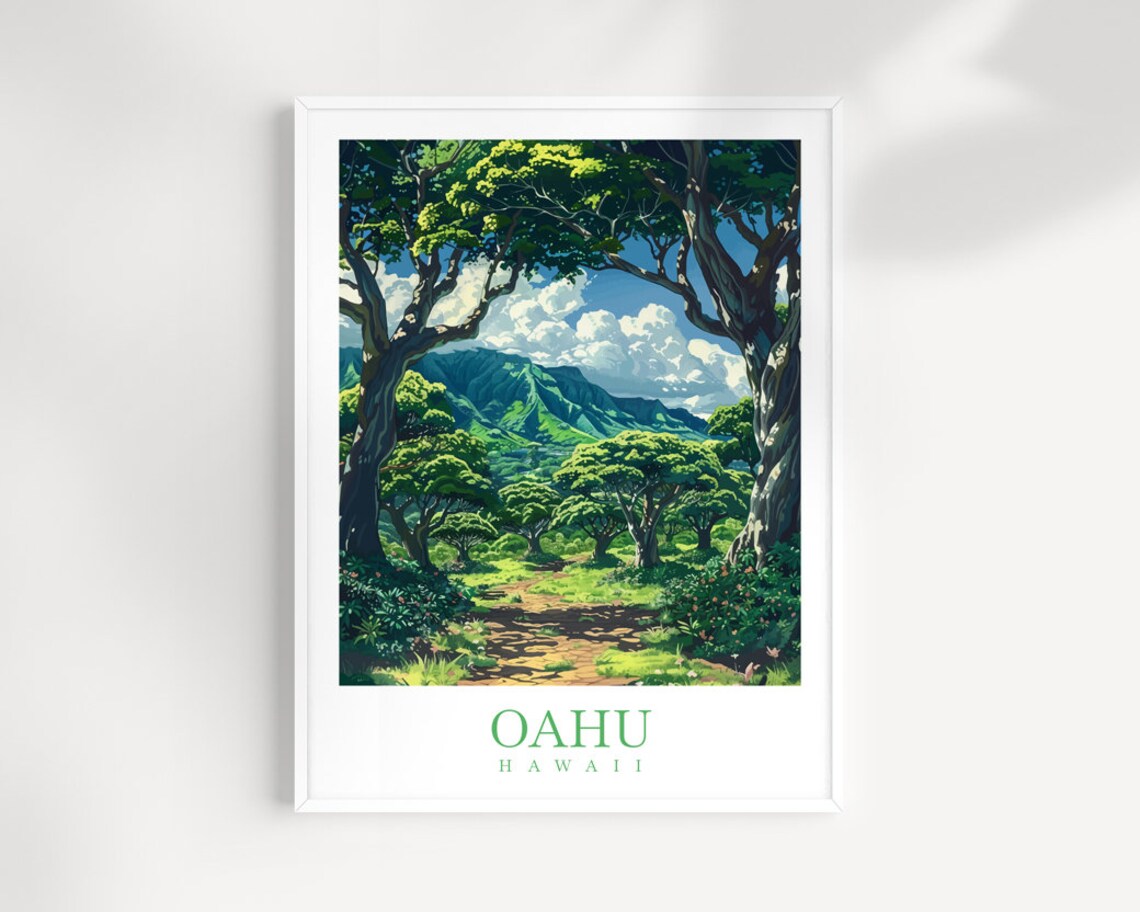 Oahu Hawaii Green Valley Mountain Trail Vintage Travel Poster