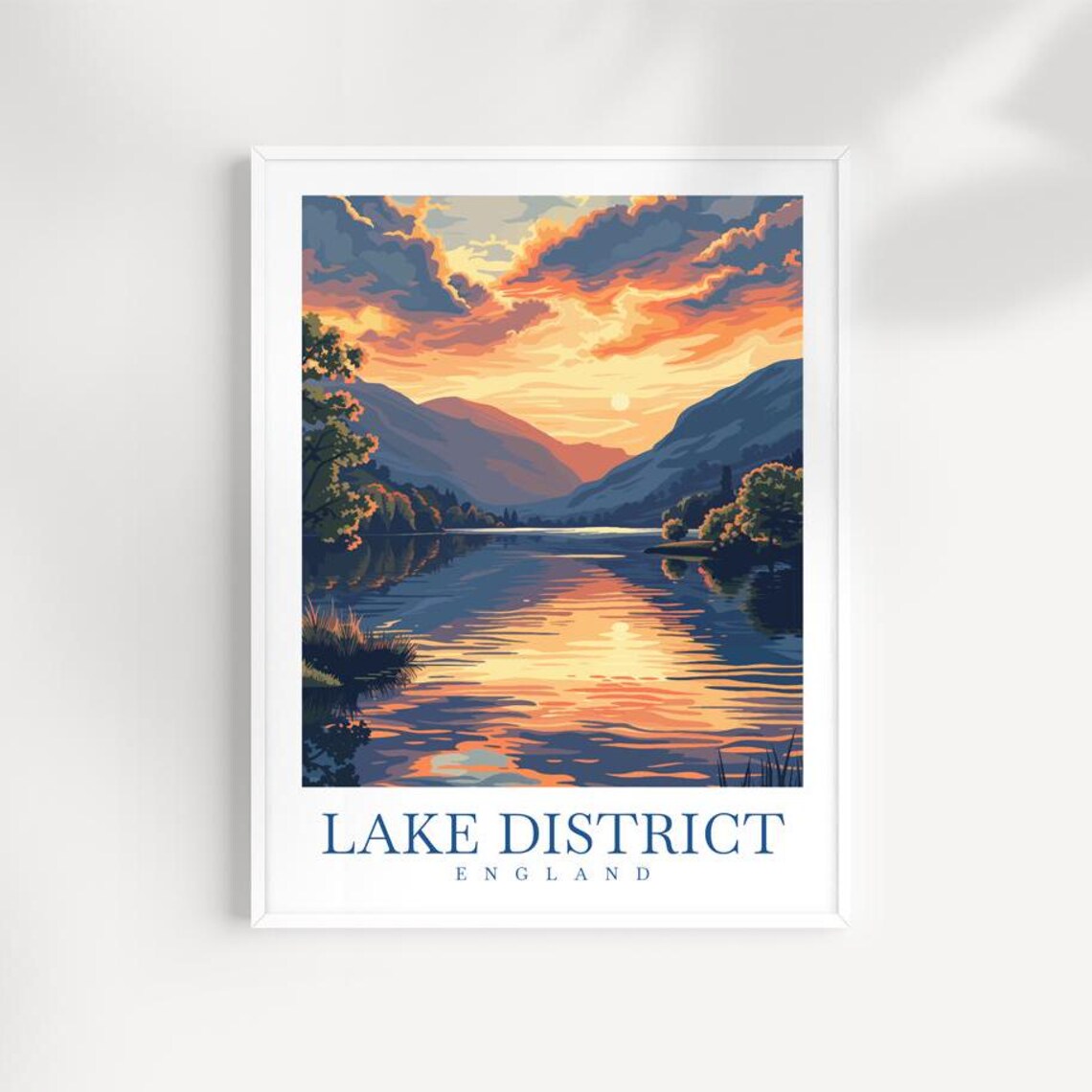 Lake District England Sunset Travel Poster with Mountain Lake Reflection