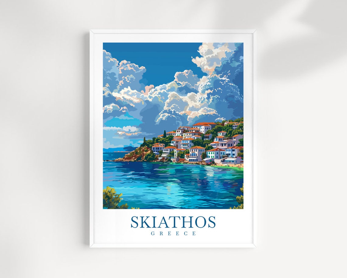 Skiathos Town Greece Hillside Harbor Turquoise Bay View Poster