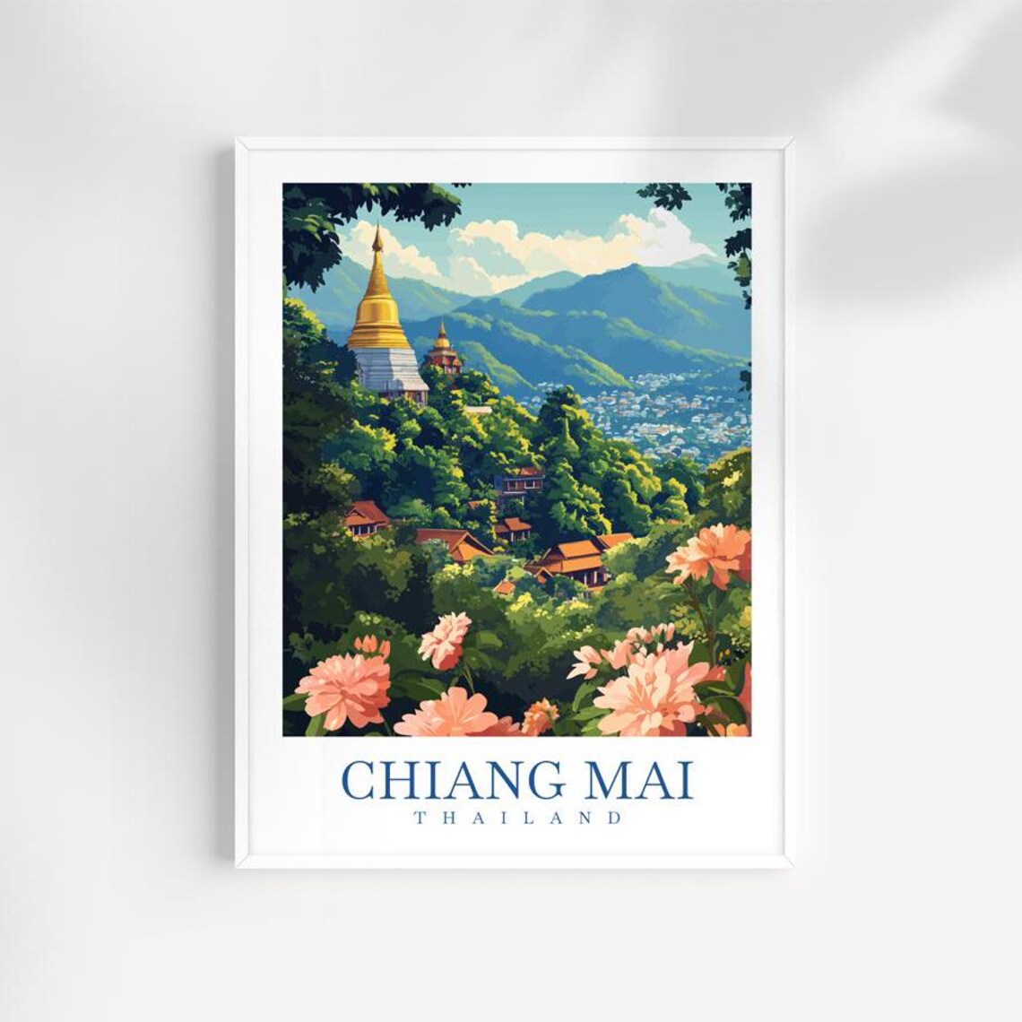 Chiang Mai Thailand Mountain Temple Pink Blossom View Travel Poster