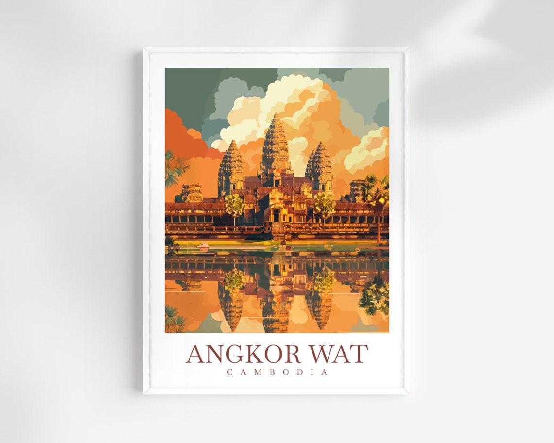 Angkor Wat Cambodia Ancient Temple Reflection at Sunset Poster