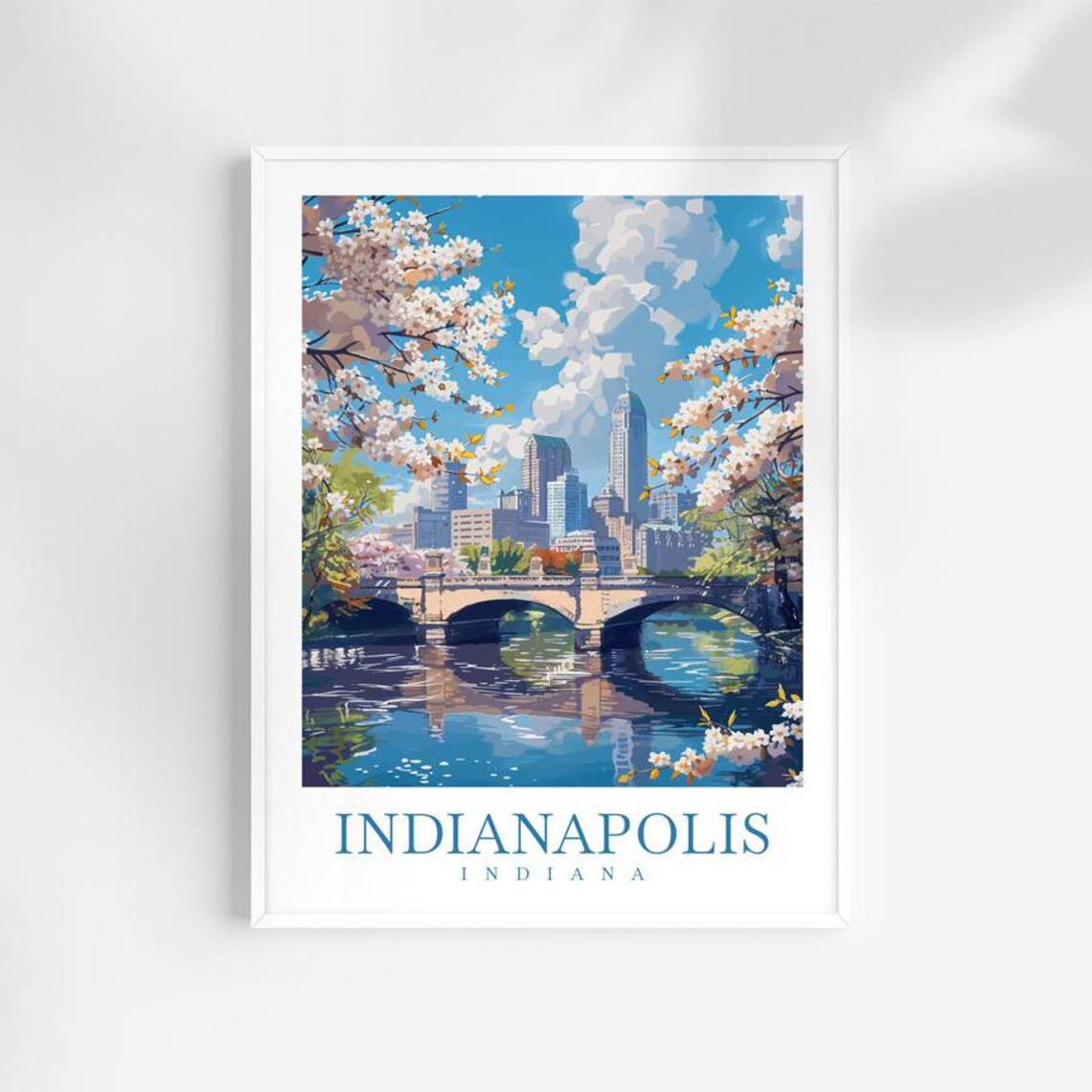 Indianapolis Indiana River Bridge Cherry Blossom View Vintage Travel Poster