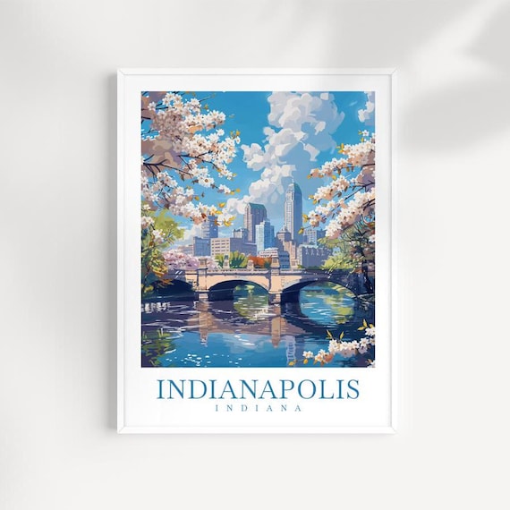Indianapolis Indiana River Bridge Cherry Blossom View Vintage Travel Poster