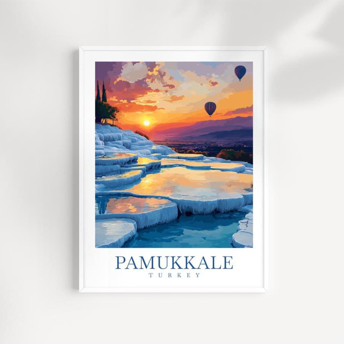 Pamukkale Turkey Travertine Terraces Sunset Hot Air Balloon Travel Poster