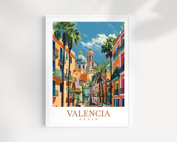 Valencia Spain Palm Lined Street Domed Church Retro View Poster