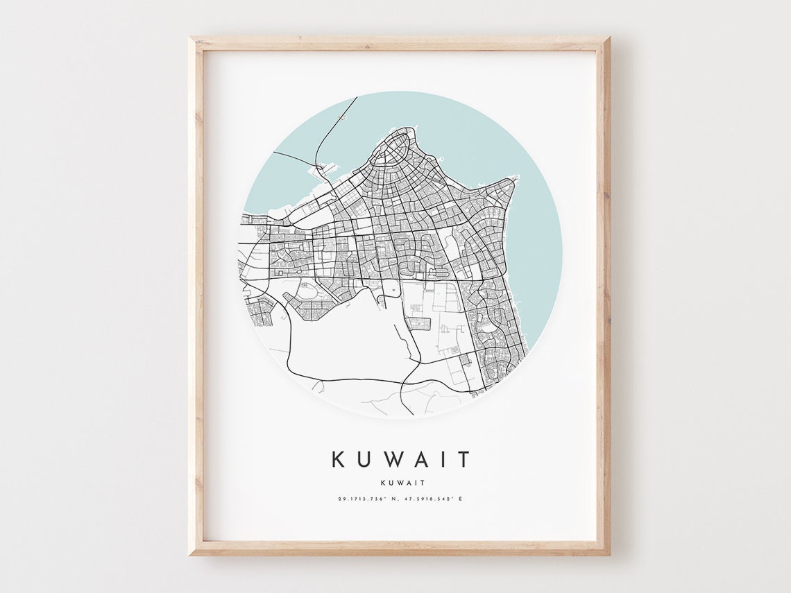 Kuwait City Minimalist Circular Street Map with Persian Gulf Print