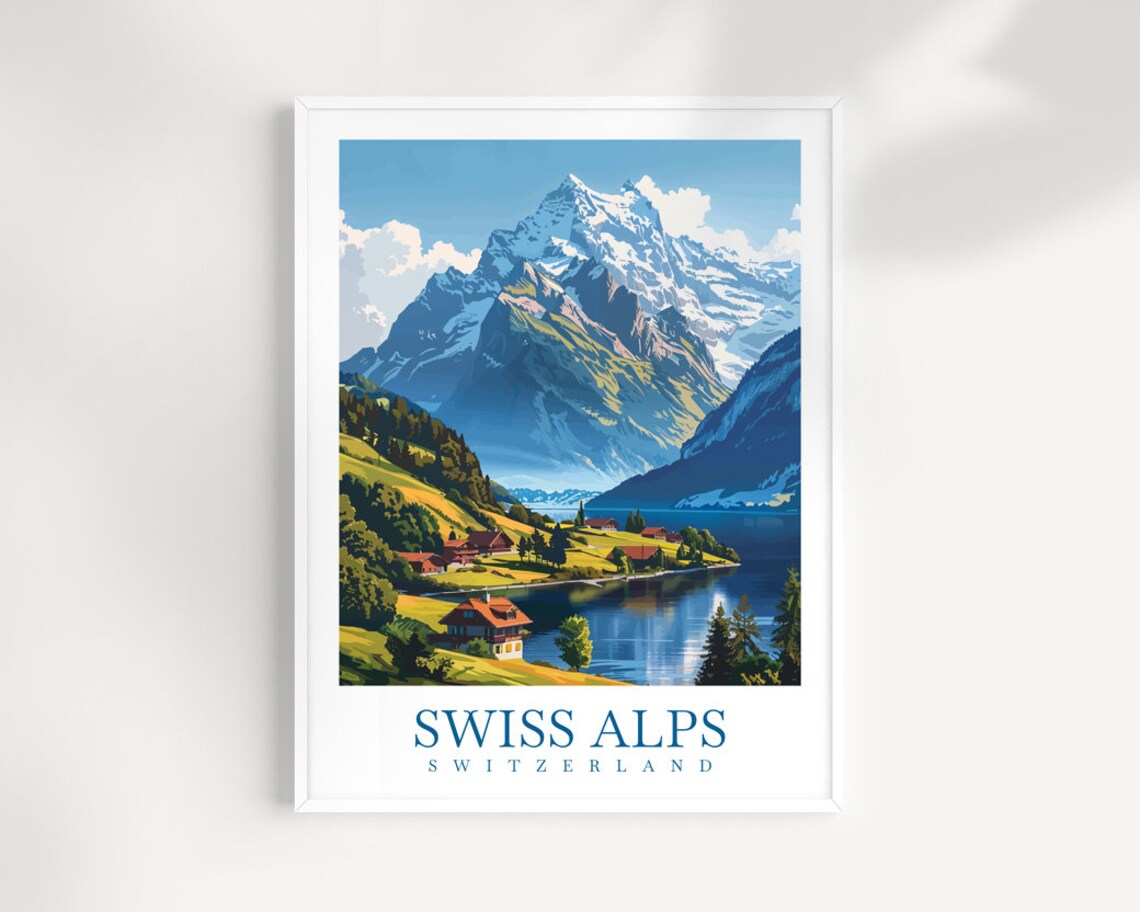 Swiss Alps Switzerland Snowy Mountain Lakeside Village Travel Poster